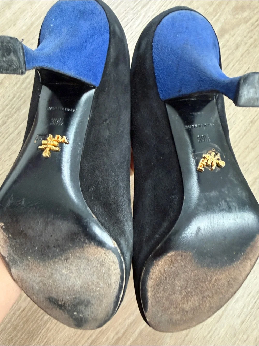Prada Black Suede Peep Toe Pumps Blue Heels Size 39.5